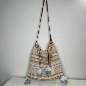 Lovestitch Tan Multicolor Striped Canvas Boho Bag Drawstring Snap Closure